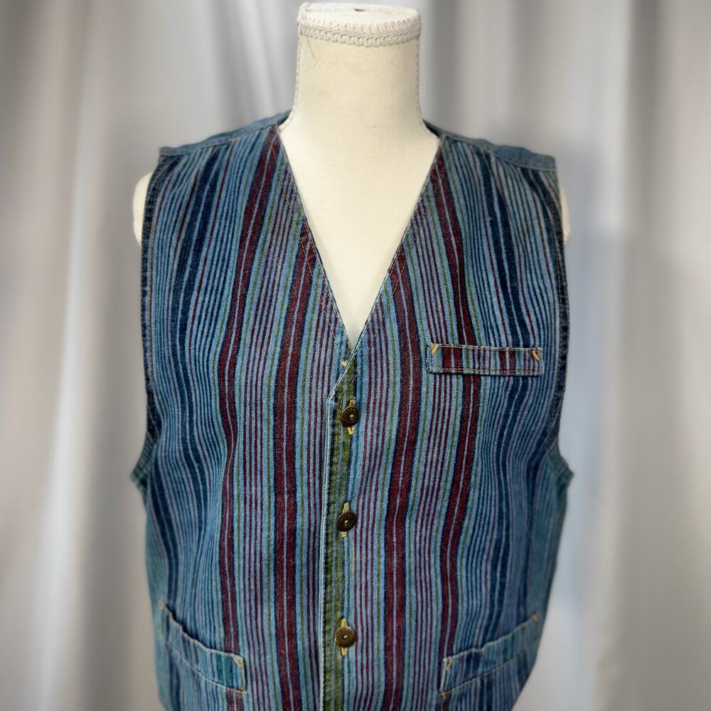 90s Multicolor Stripe Vest Small Denim Boho Indie Button Hippie Western Festival - Picture 14 of 16